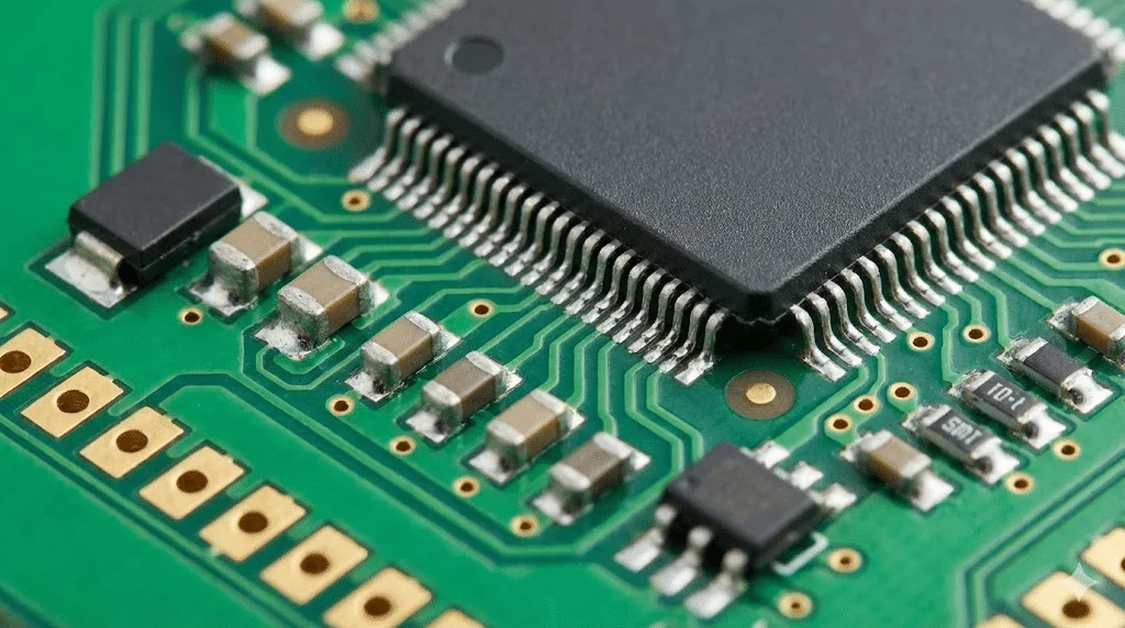 Close-up of FR-4 PCB with crystal and IC