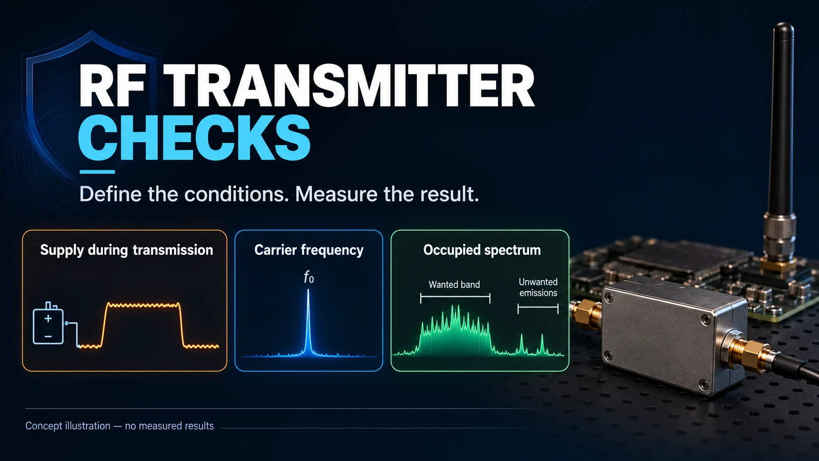 Concept illustration of transmitter supply, carrier and spectrum checks