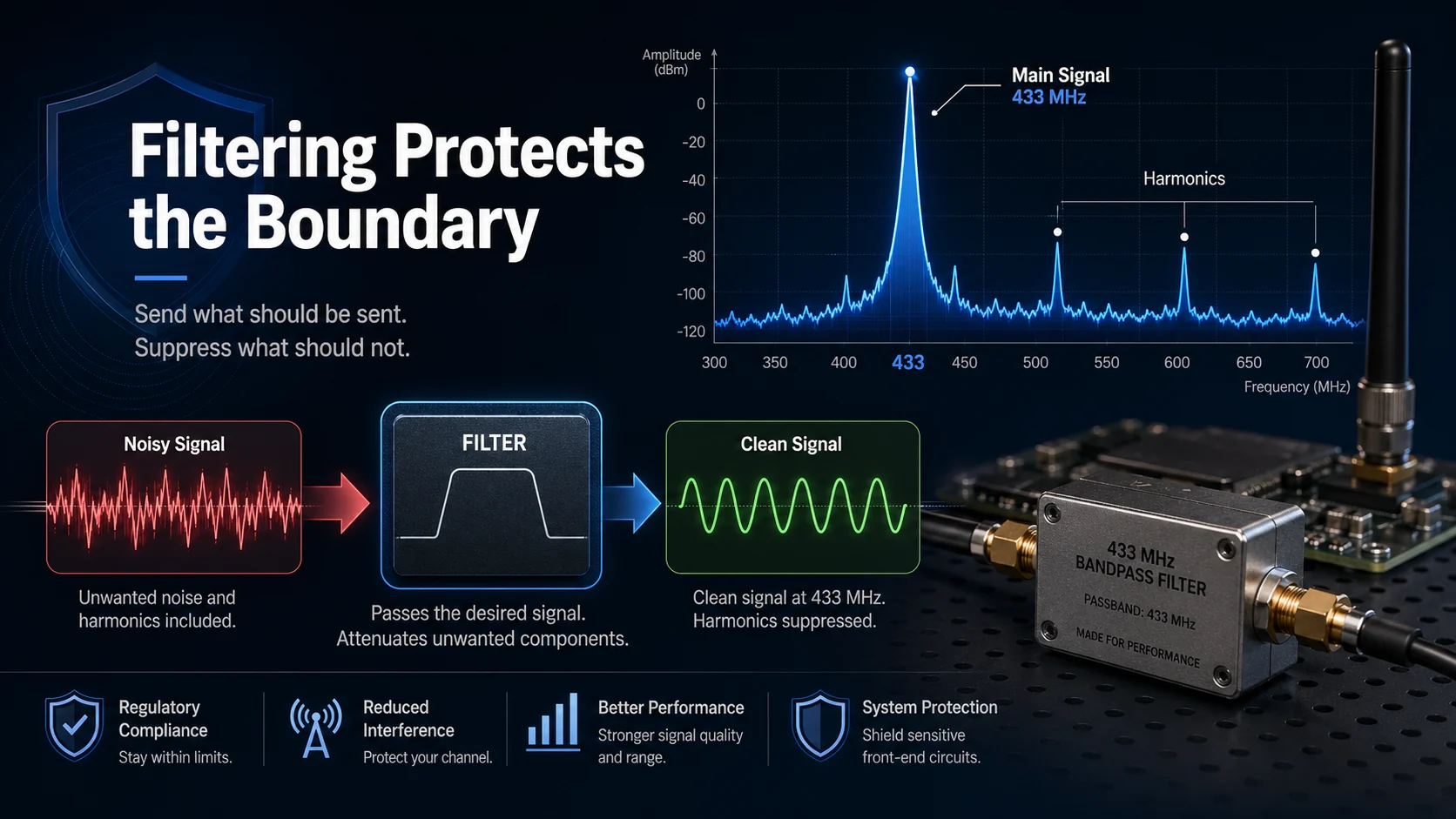 Filtering suppresses harmonics and protects RF signal boundaries