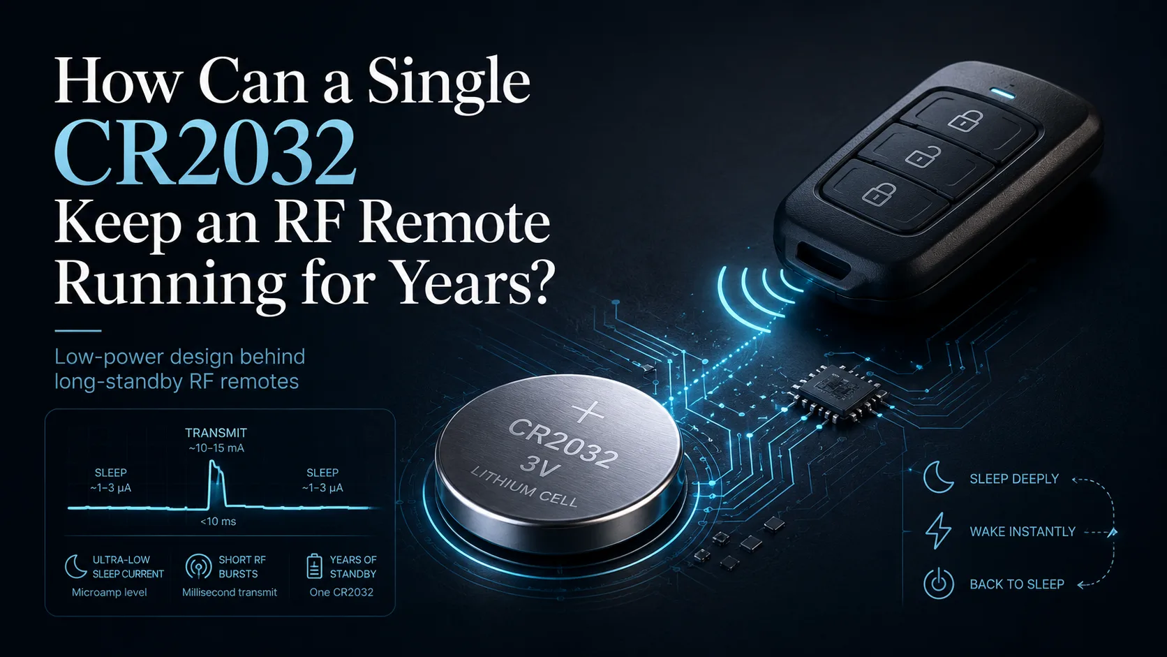 CR2032 coin cell powering a low-power RF remote control with short transmit bursts and deep sleep