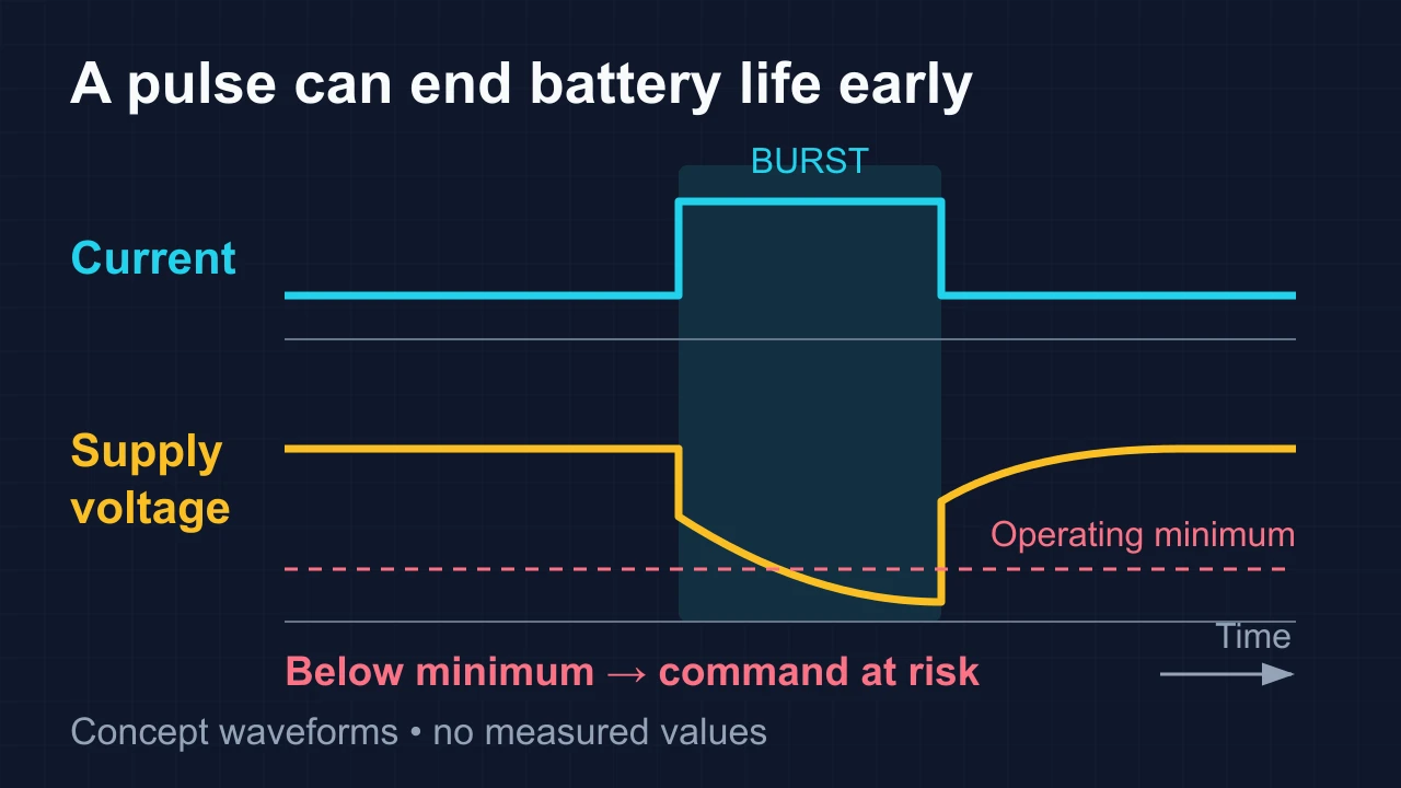 Diagram: A current pulse coincides with a supply-voltage dip below a conceptual operating threshold, followed by recovery when the pulse ends