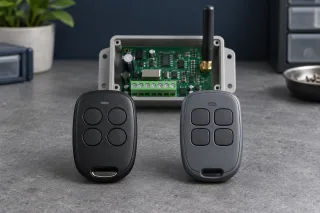Illustration: Two distinct RF remotes beside one receiver board on a workbench