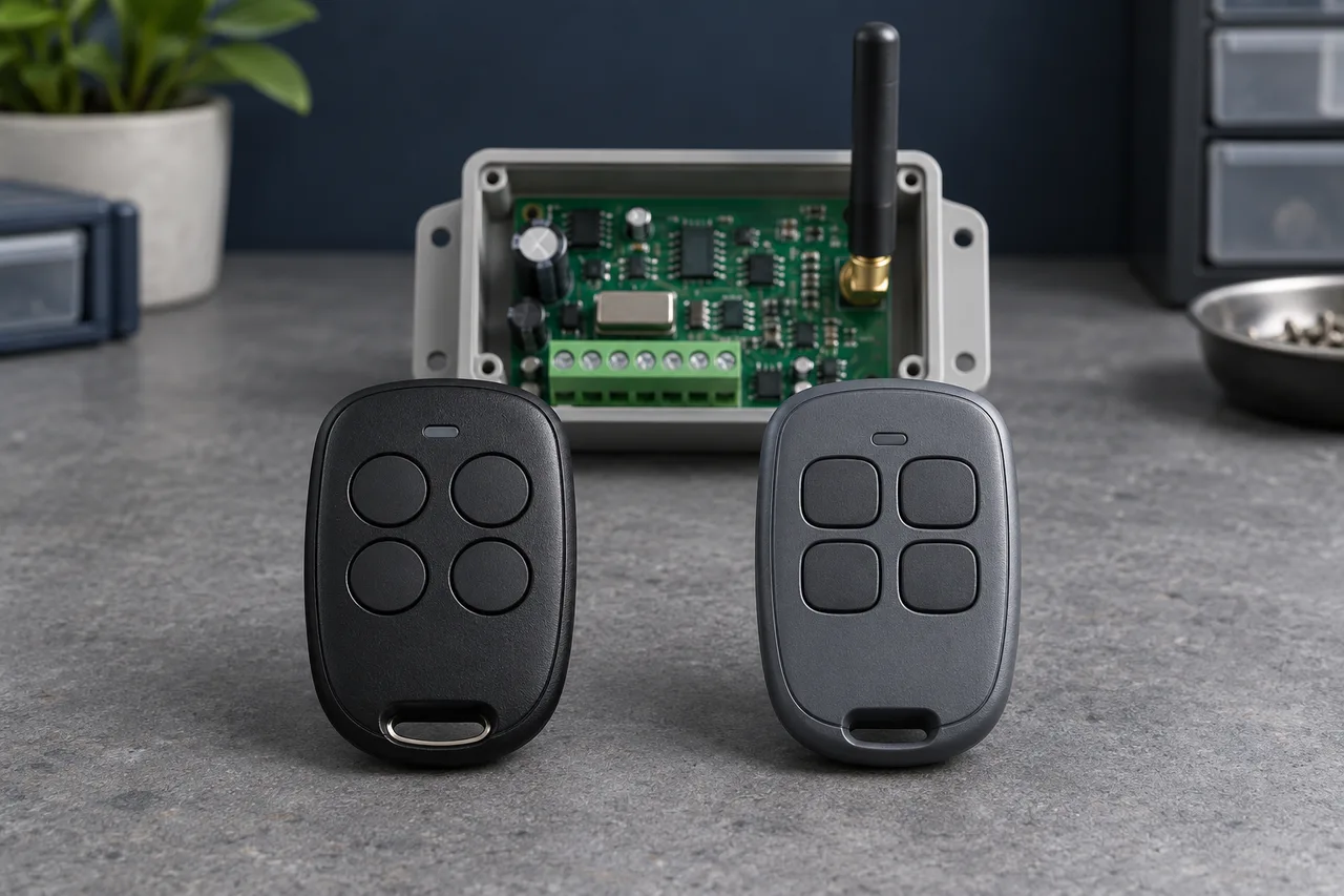 Illustration: Two distinct four-button RF remotes beside a single receiver in an open enclosure