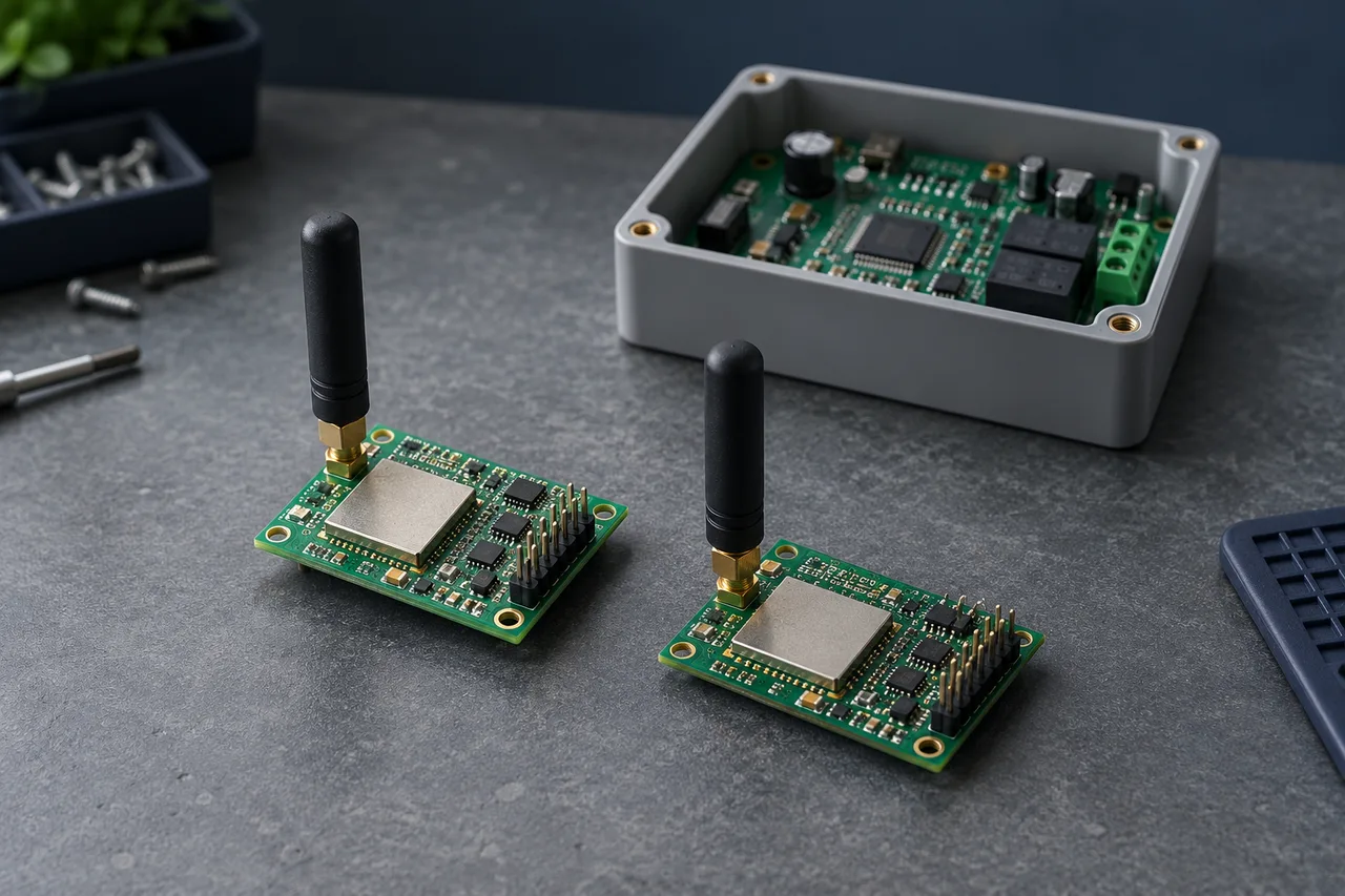 Illustration: Two generic radio development modules with antennas beside a separate control board