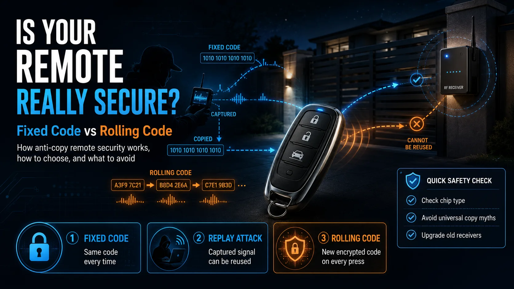 Garage door remote cloning security comparison showing fixed code replay and rolling code protection