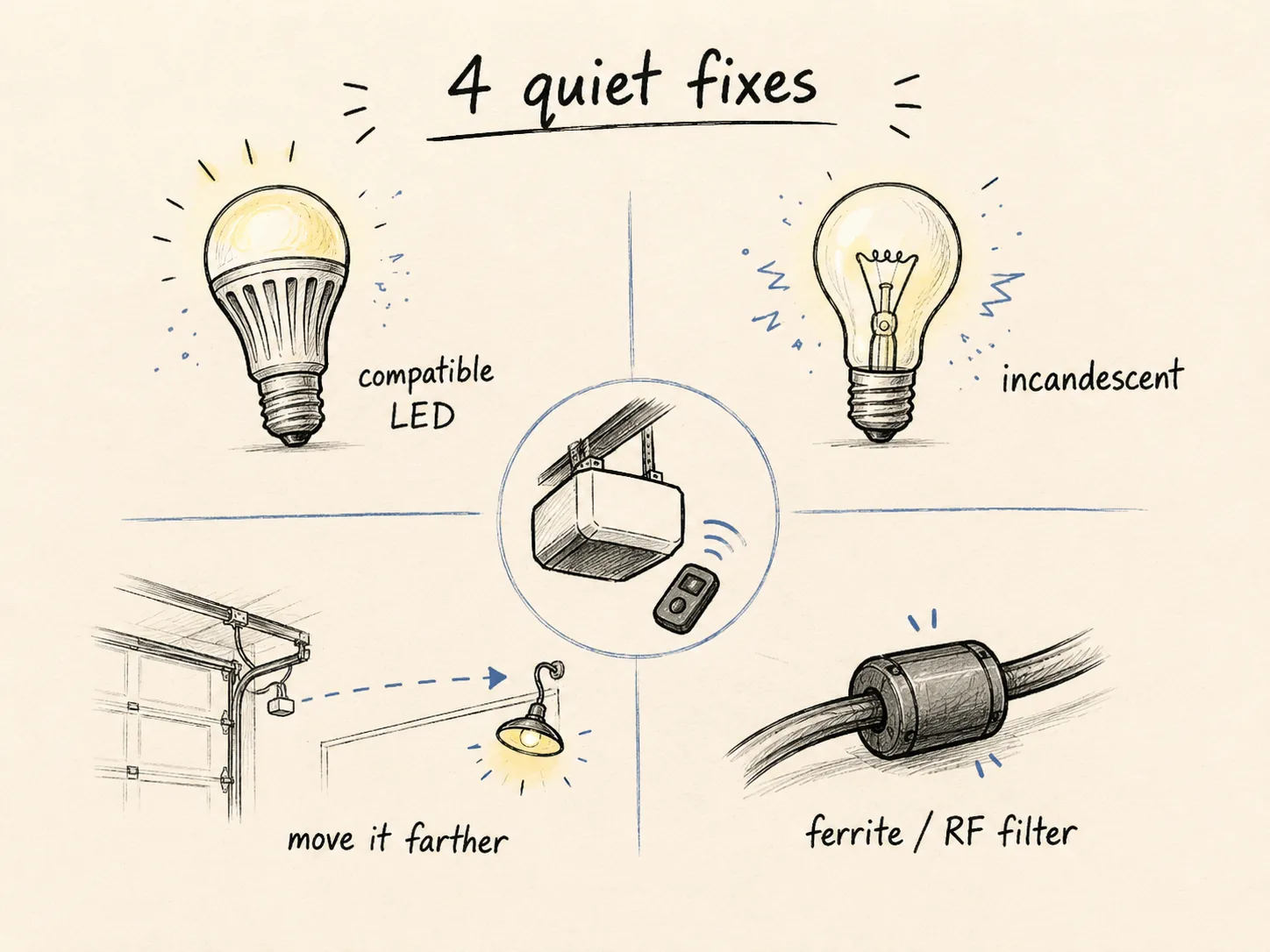 Four fixes for LED bulb interference: compatible LED bulb, incandescent bulb, moving the lamp farther away, and ferrite RF filter