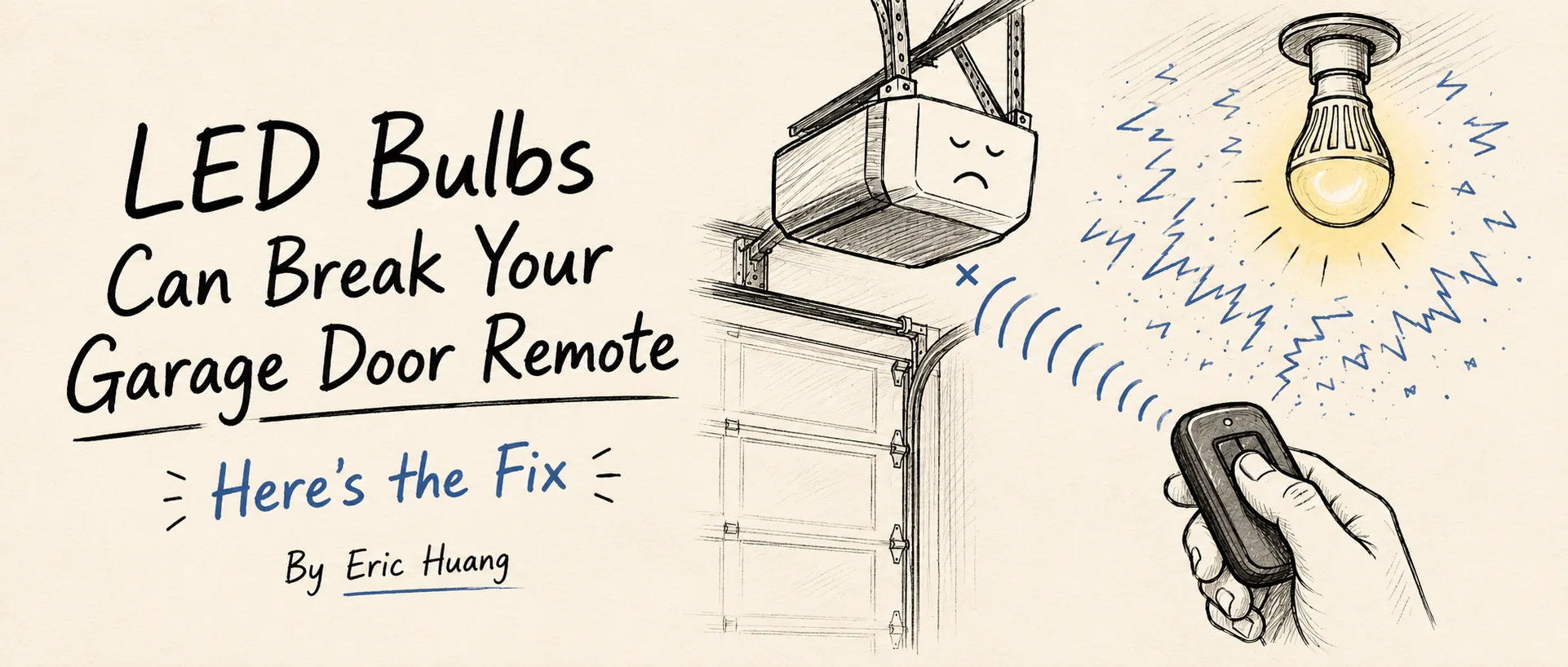 Illustration showing LED bulb noise breaking garage door remote range