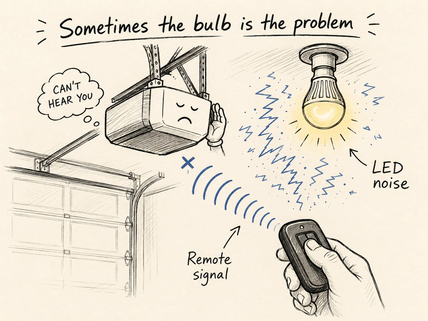 LED bulb noise blocking a garage opener from hearing a remote signal