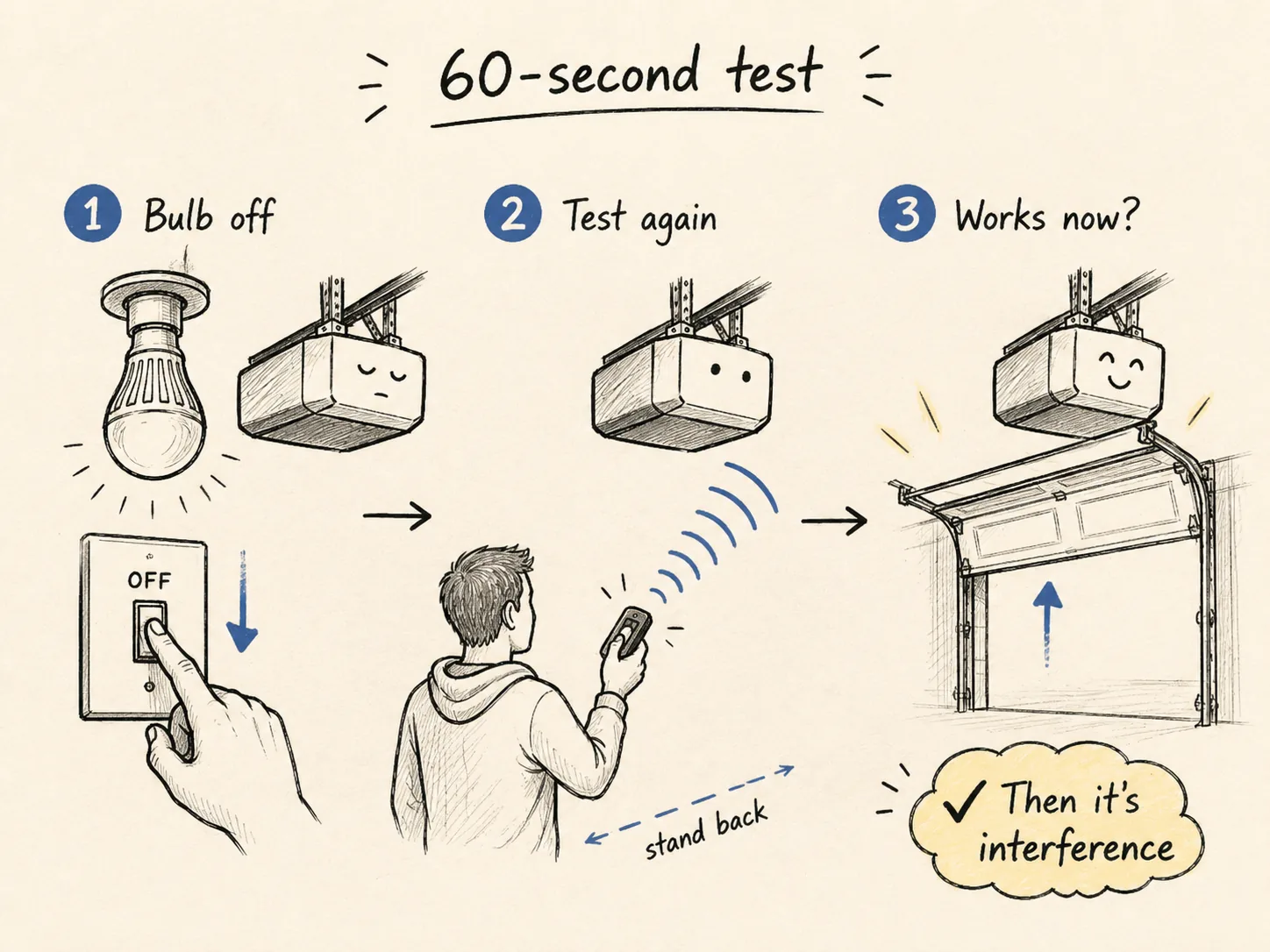 Three-step 60-second LED interference test for a garage door remote