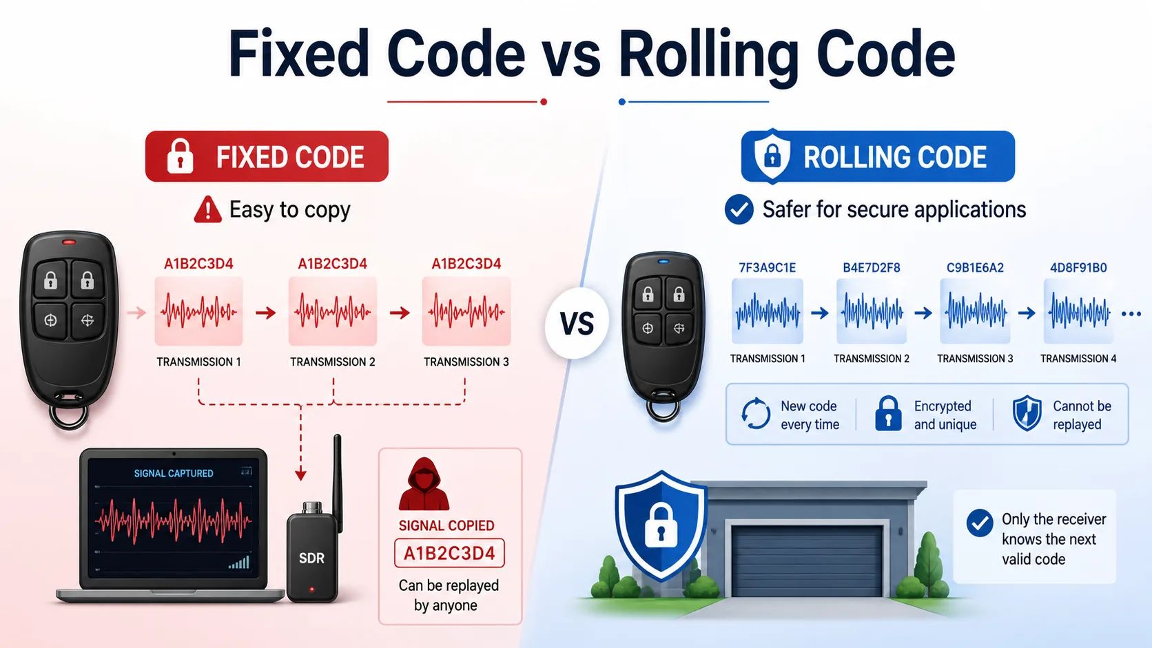 Fixed code versus rolling code comparison for RF remote control security