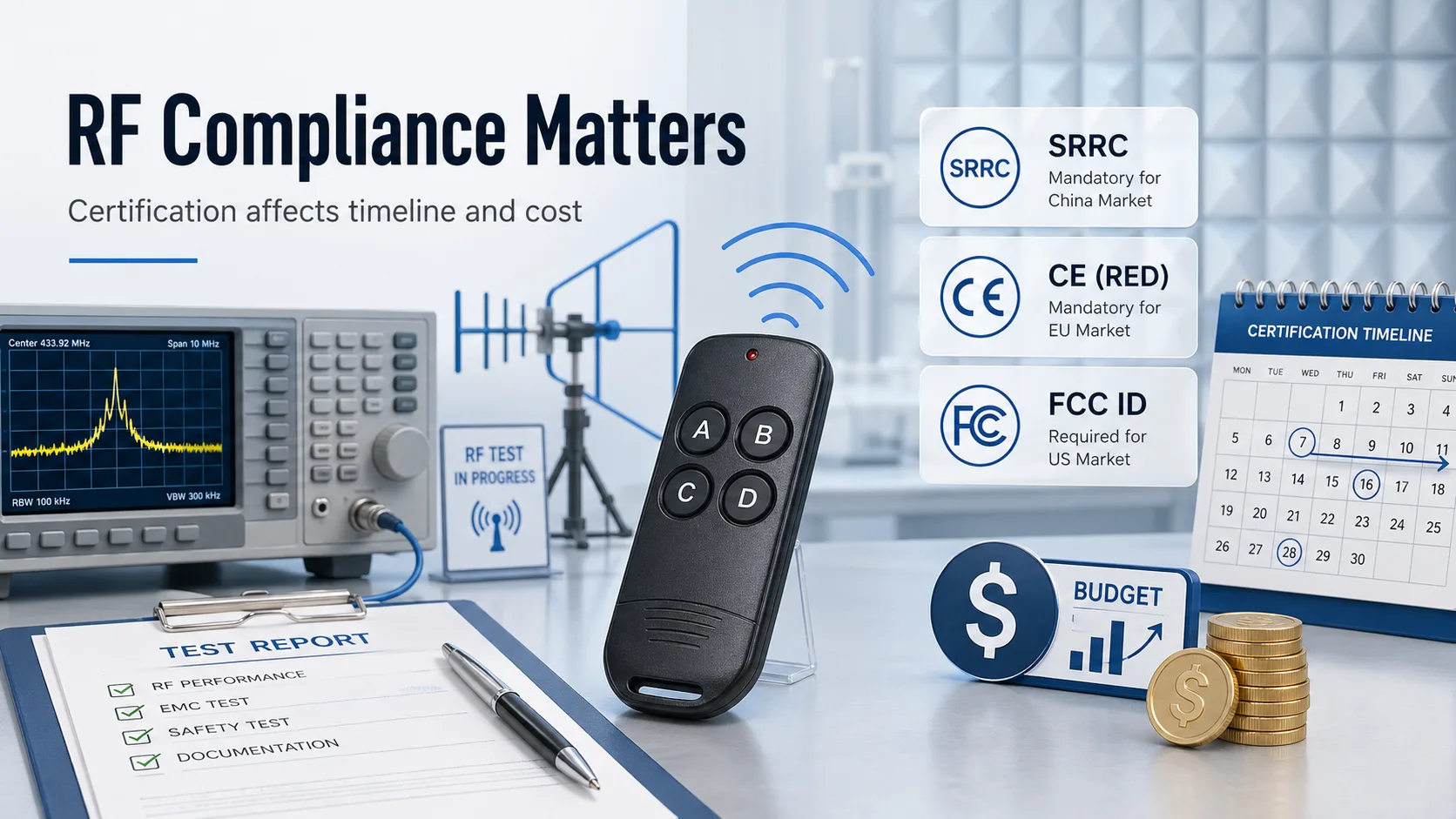 RF remote control compliance testing for SRRC CE RED and FCC ID markets