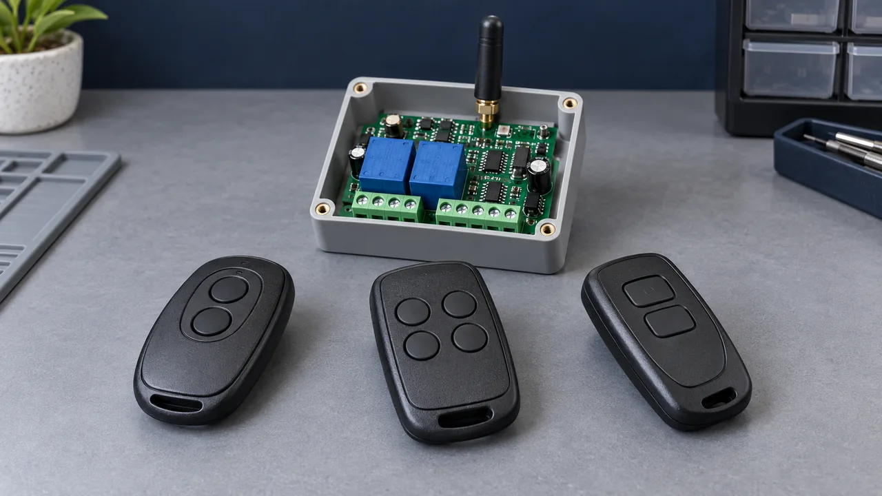 Illustration: Three different generic RF remotes beside one disconnected receiver controller on a gray workbench