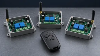 Illustration: One four-button RF remote beside three separate receiver controllers on a workbench