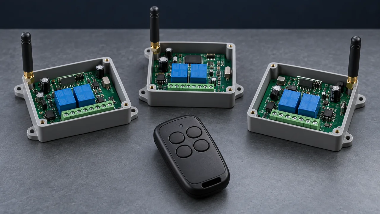 Illustration: One generic four-button RF remote and three disconnected receiver controllers on a gray workbench