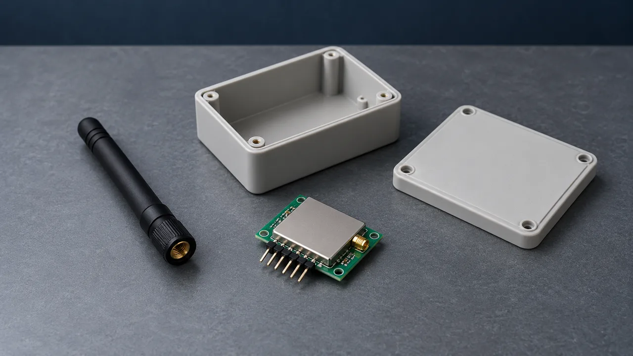 Illustration: A generic receiver board, an antenna and an open plastic enclosure arranged for integration planning