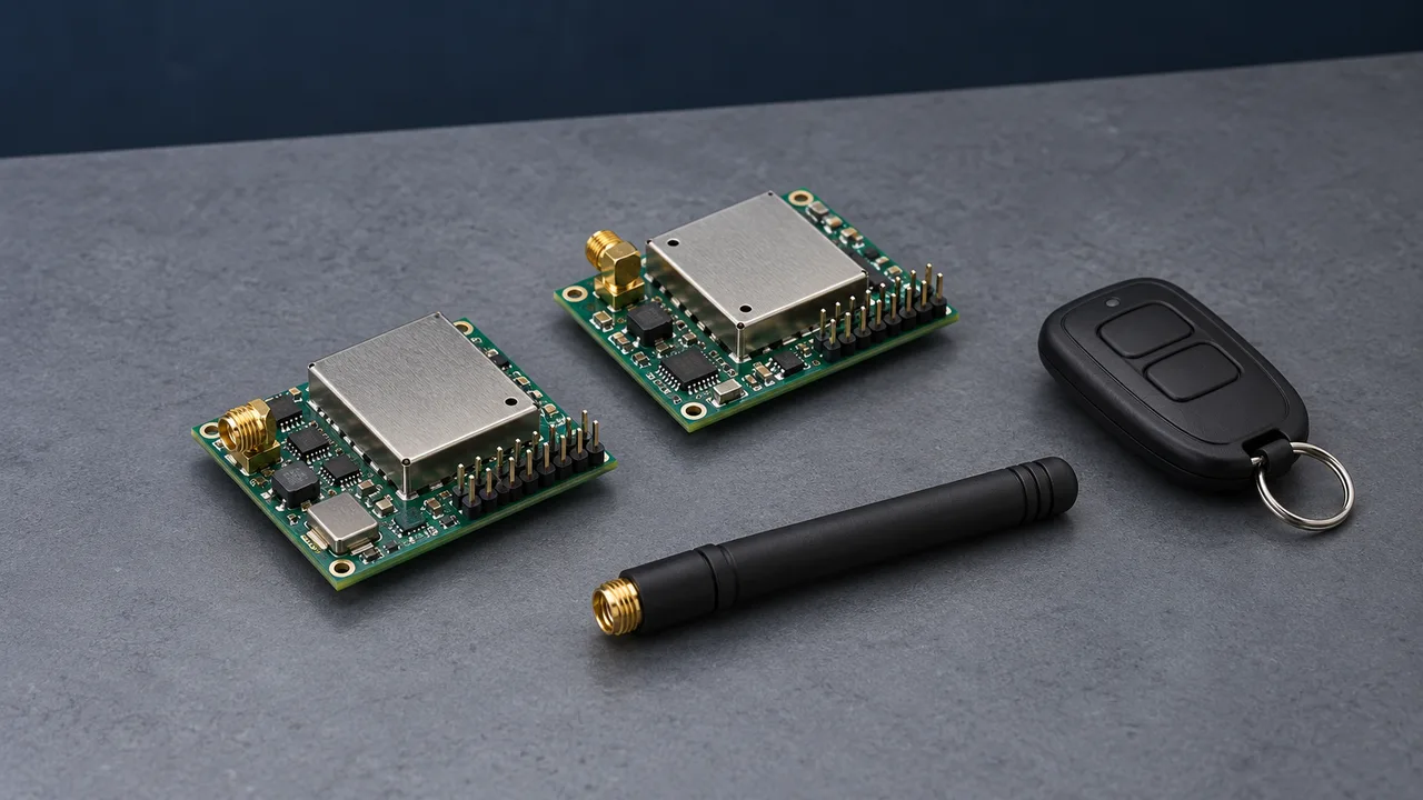 Illustration: Two generic RF receiver modules beside a remote and a separate antenna on a gray workbench