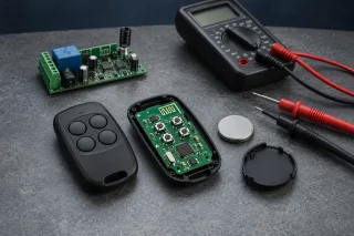 Illustration: An opened RF remote, coin cell, meter and separate receiver board on a workbench