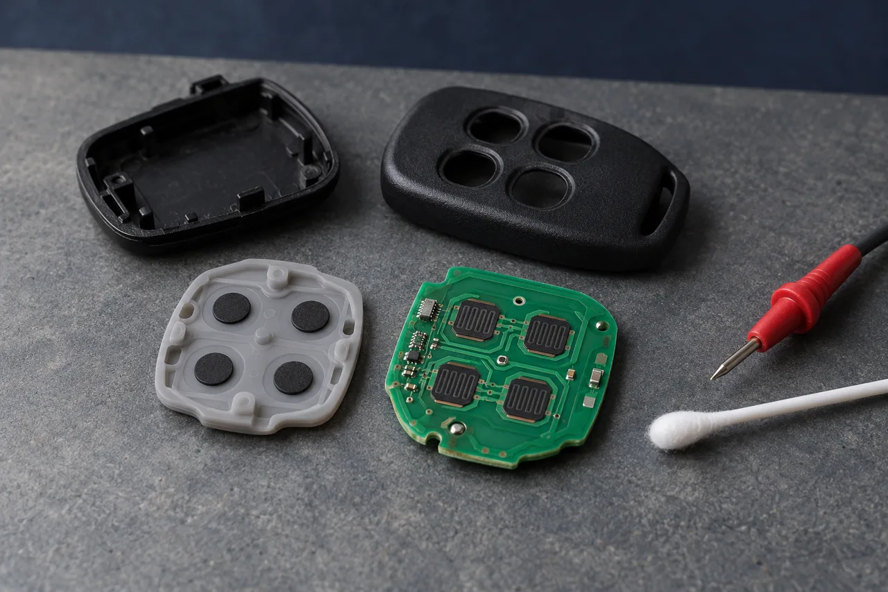 Illustration: The conductive underside of a silicone four-button keypad beside its PCB contact pads