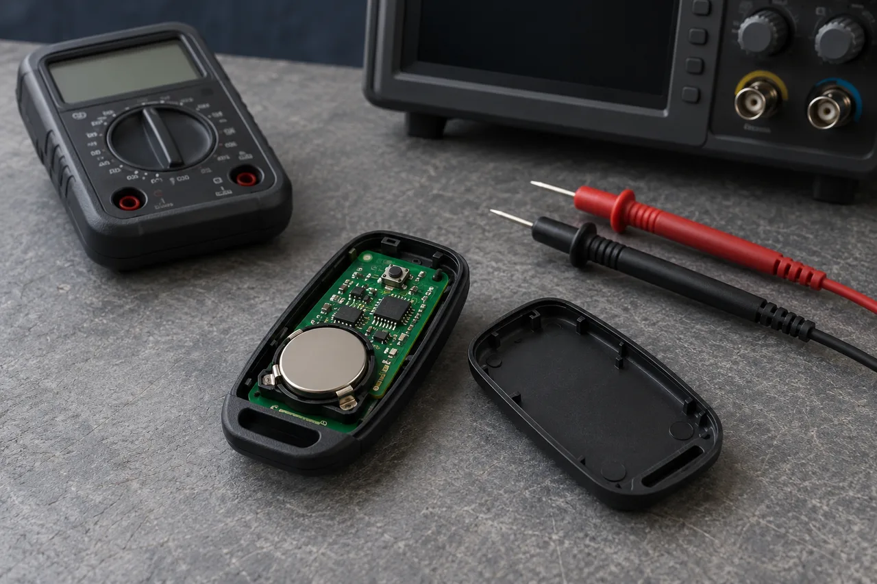 Illustration: An installed coin cell in an open RF remote with disconnected probes and blank-screen instruments nearby