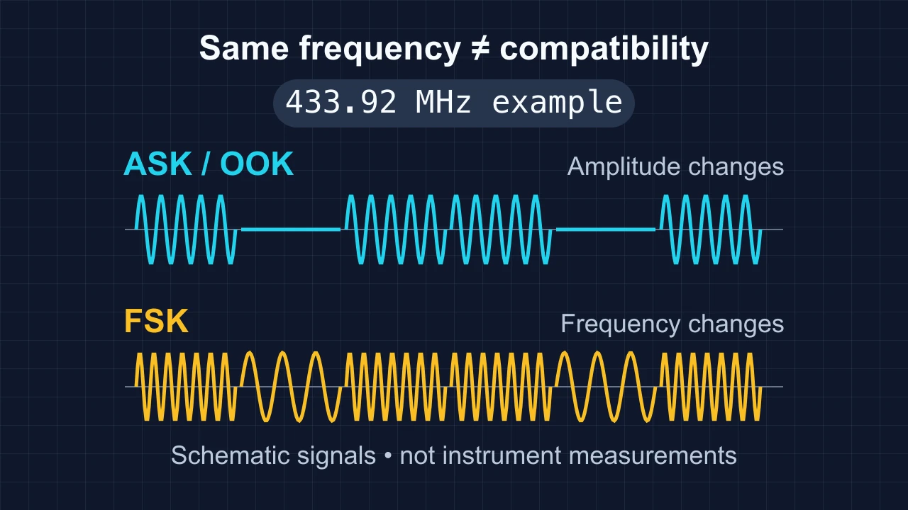 Schematic comparison of ASK/OOK amplitude changes and FSK frequency changes using the same example nominal carrier frequency