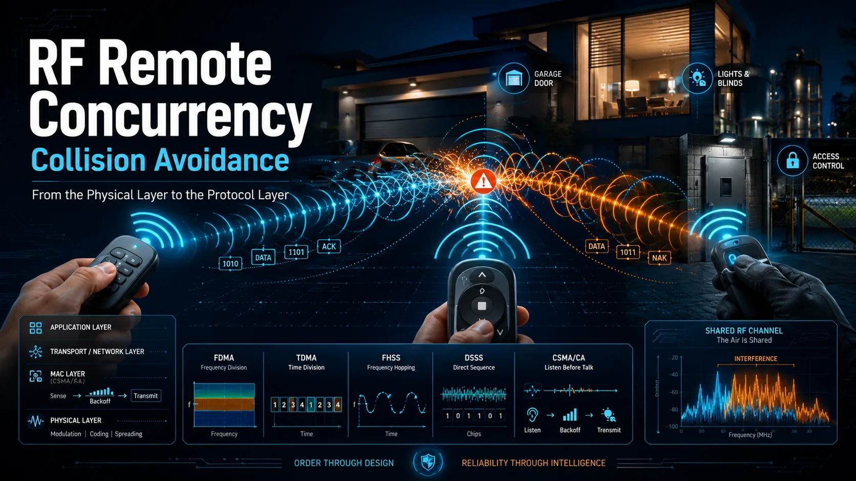 RF remote concurrency and collision avoidance across shared channel physical layer MAC layer and protocol layer