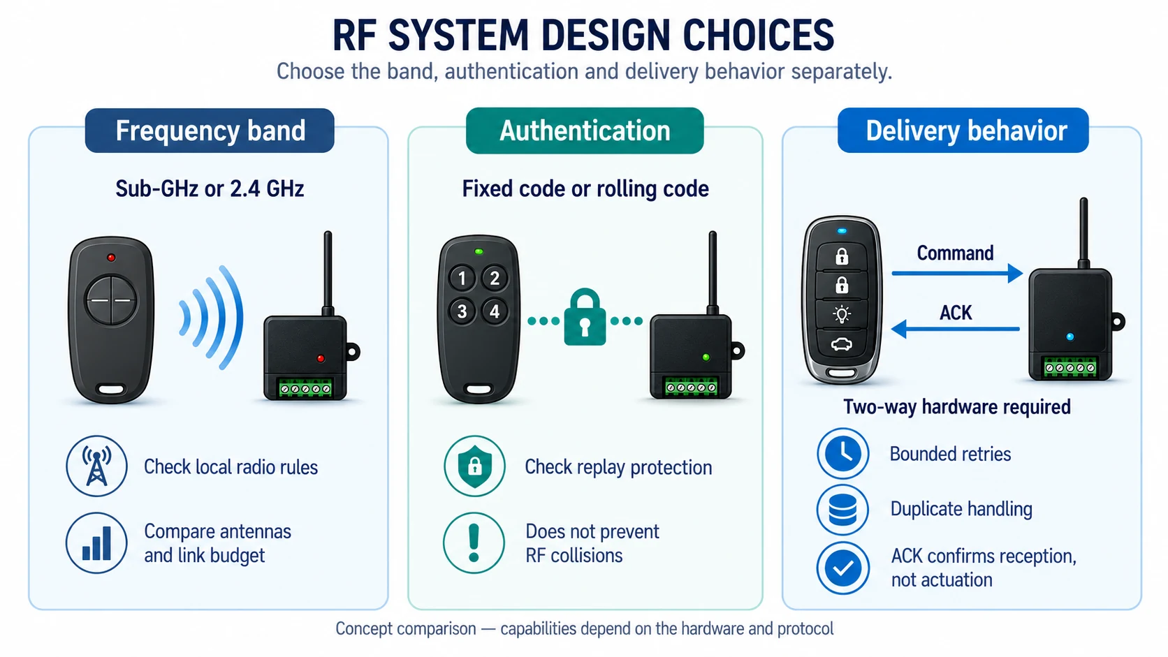 Comparison of frequency band, coding and channel-access choices