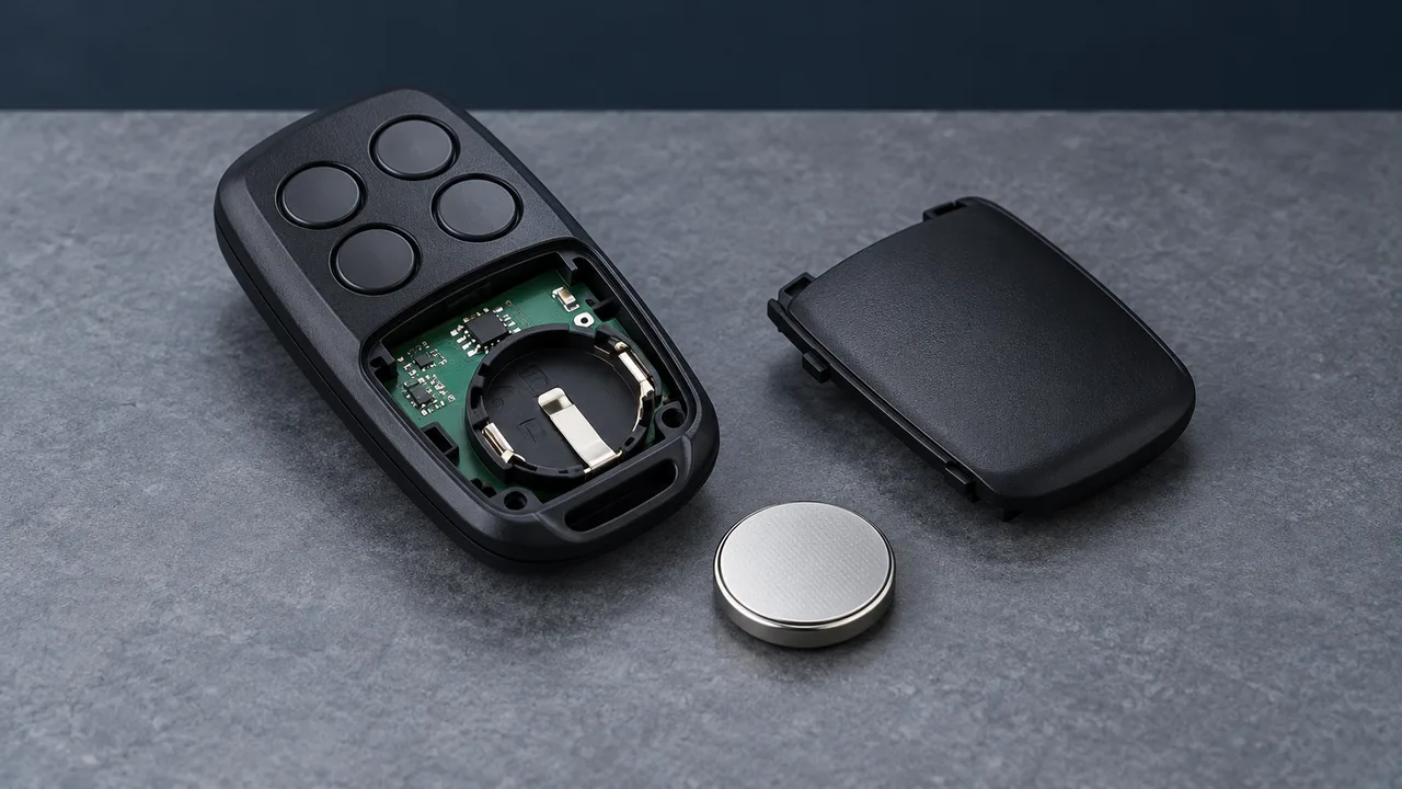 Illustration: An open generic keyfob with its battery holder and a separate coin cell on a gray workbench