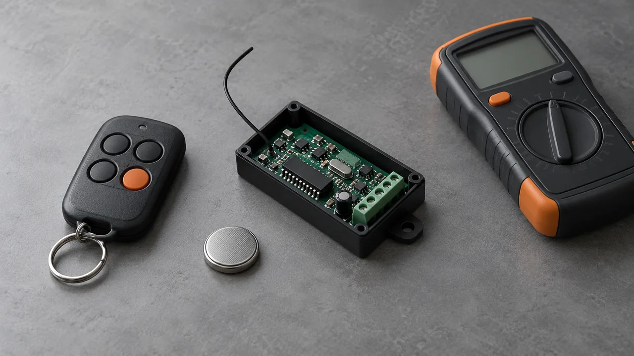 Illustration: A generic RF remote, disconnected receiver controller, spare coin cell and meter on a gray workbench