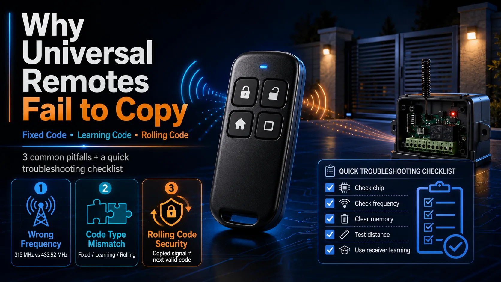 Universal RF remote cloning failure caused by wrong frequency code type mismatch and rolling code security