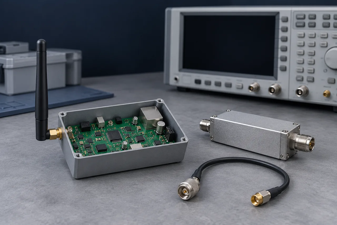 Illustration: A receiver controller, RF accessory, disconnected coaxial lead and instrument with a dark display
