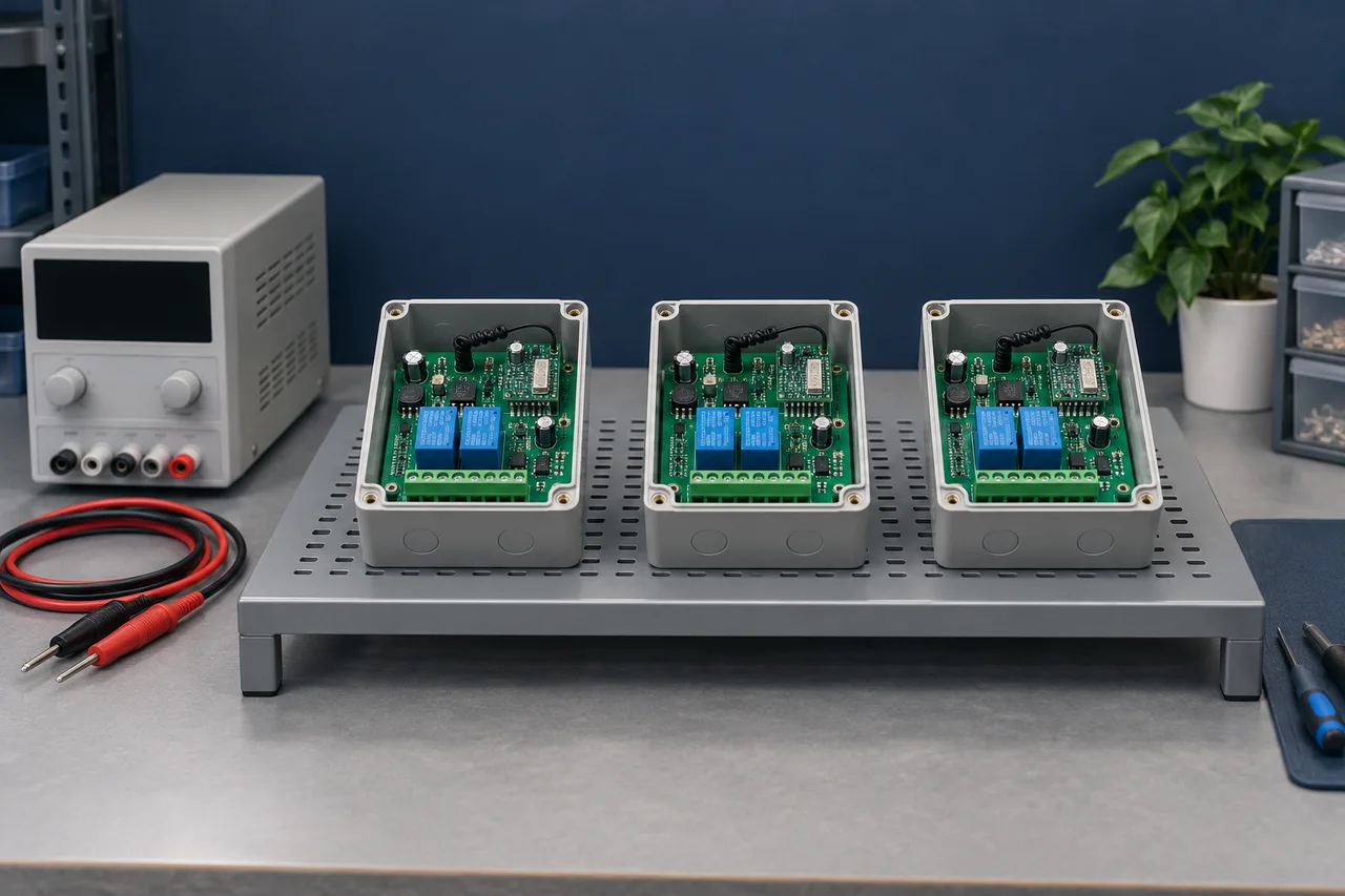 Illustration: Three generic receiver controllers spaced apart on a ventilated shelf beside a disconnected supply