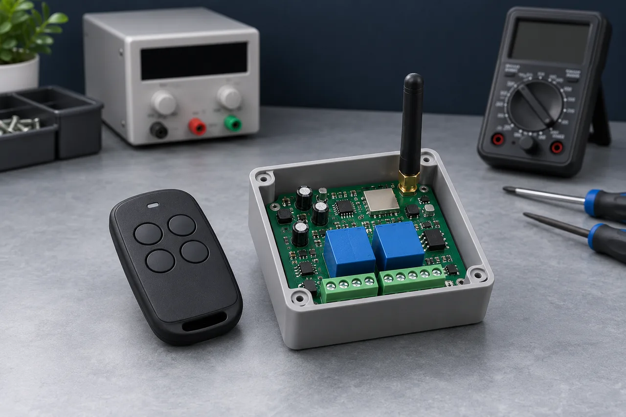 Illustration: A generic wireless receiver controller, handheld remote and unpowered instruments on a workbench