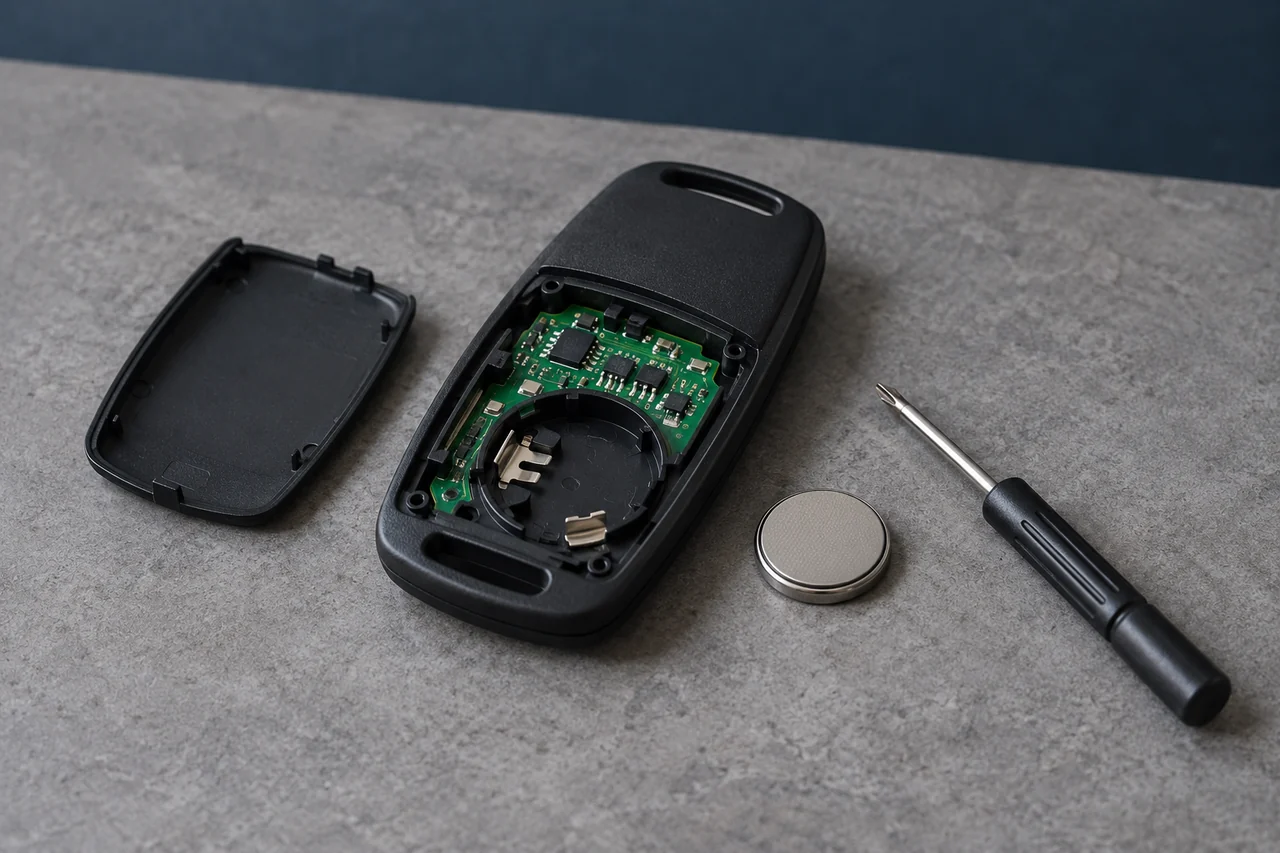 Illustration: A coin cell and the open battery compartment of a remote