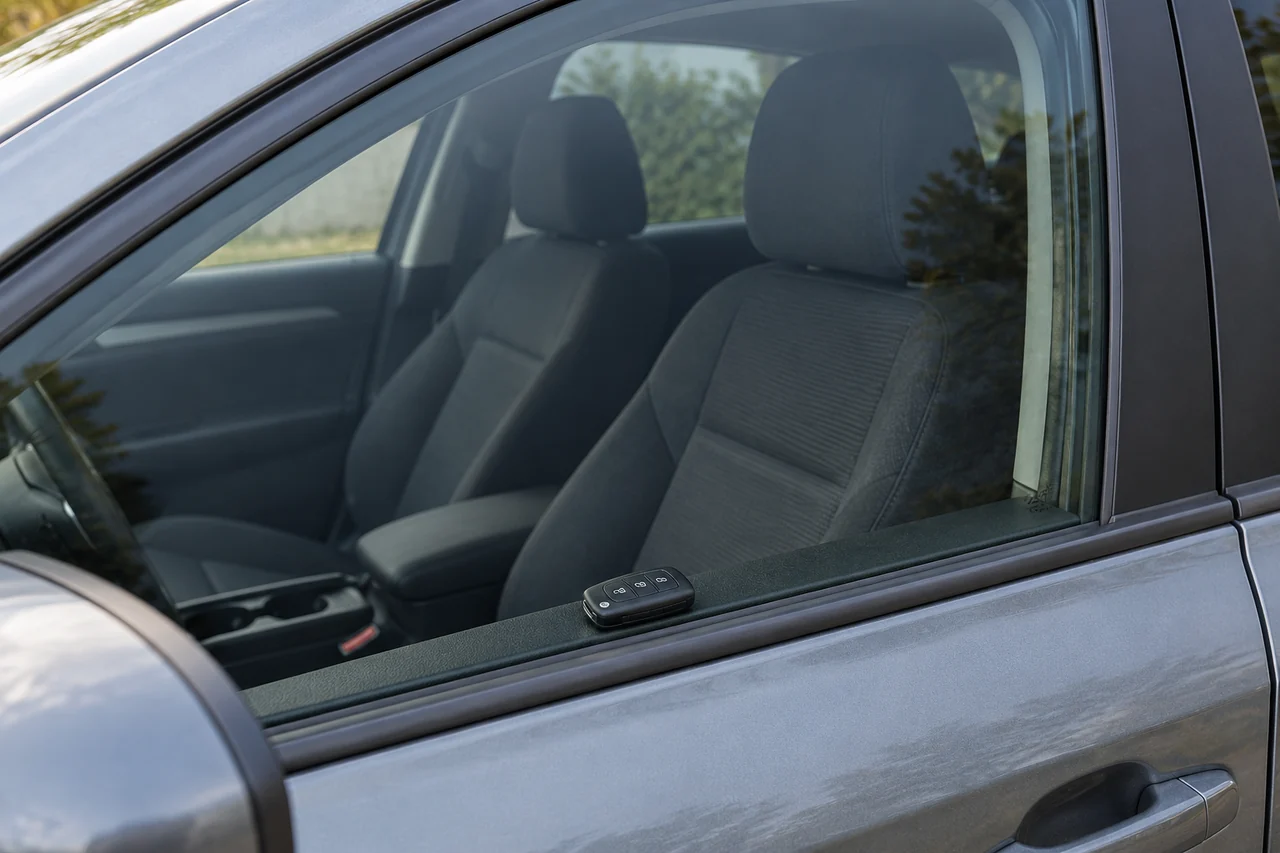 Illustration: A plain car key beside a tinted car window