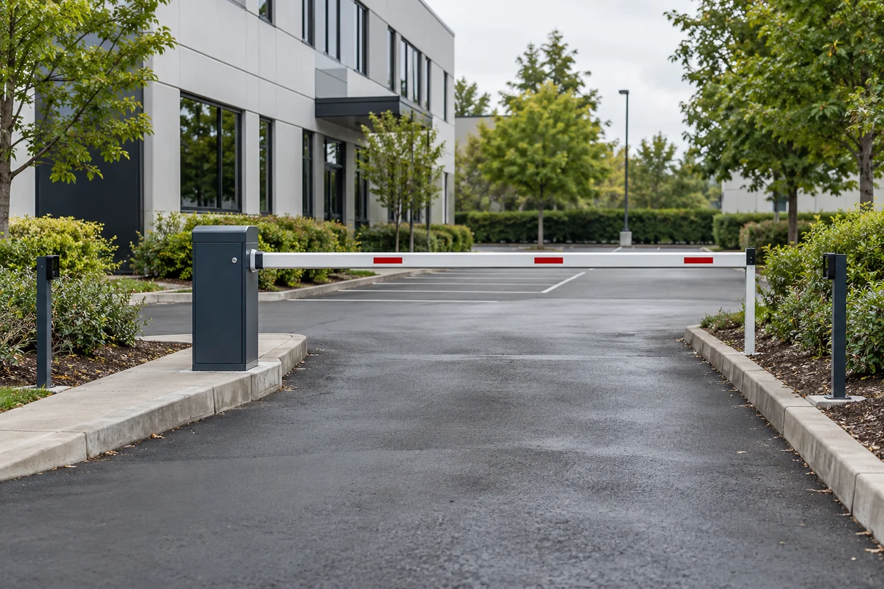 Illustration: A barrier arm at a modest commercial entrance