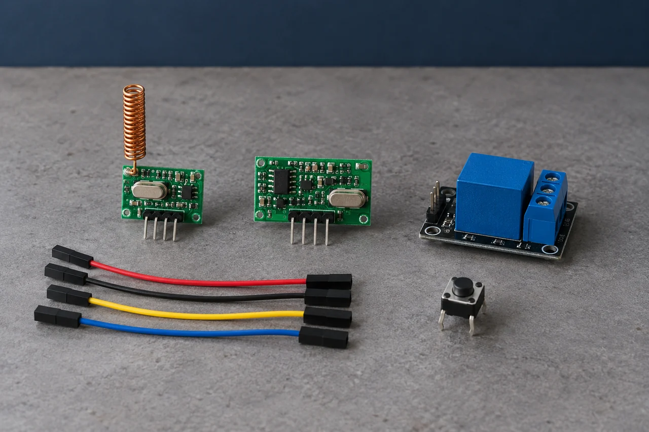 Illustration: Separate transmitter and receiver modules, a relay module and insulated wires