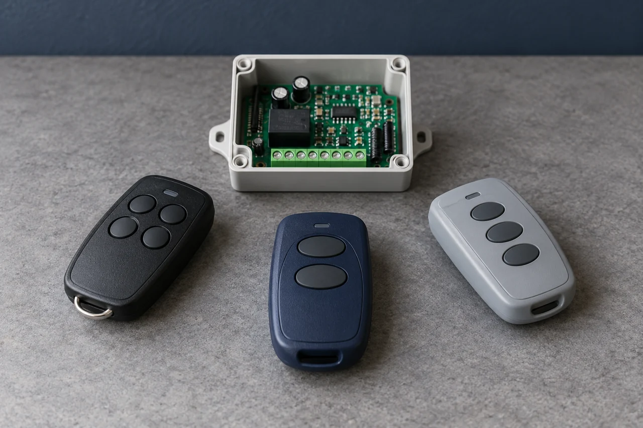 Illustration: Several separate handheld remotes and one receiver on a bench