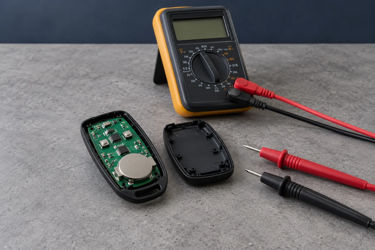 Illustration: An opened remote and unconnected meter probes prepared for inspection