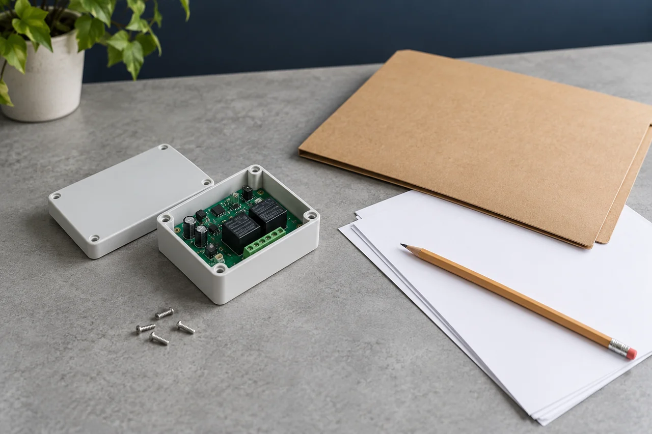Illustration: A generic switch enclosure beside a blank document folder