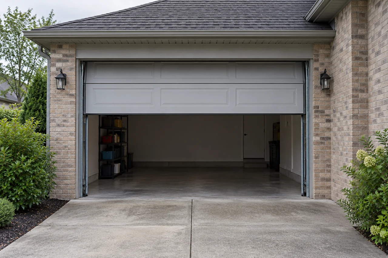 Illustration: A sectional garage door with visible side tracks