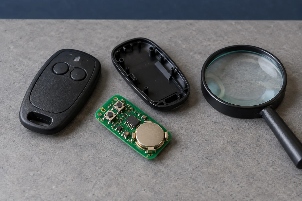 Illustration: An opened remote, circuit board and magnifying lens on a workbench