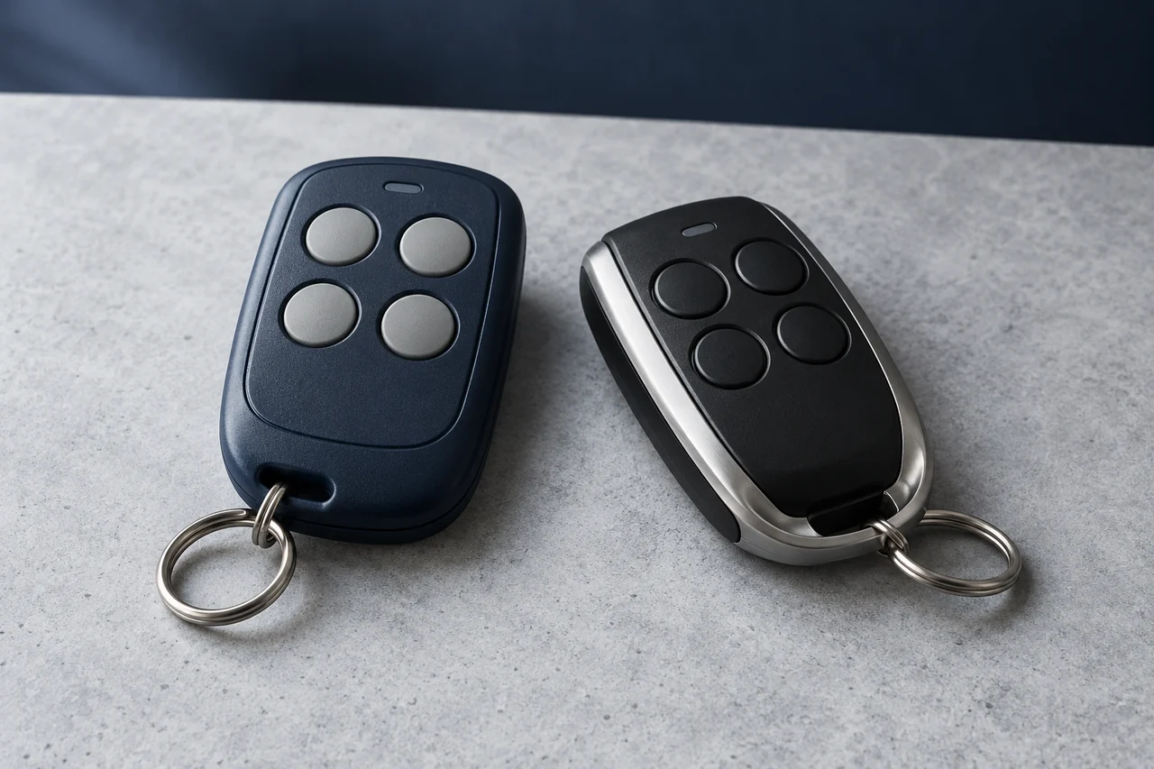 Illustration: Two distinct unbranded four-button remotes placed side by side