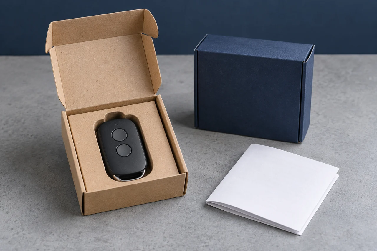 Illustration: Unbranded remote packaging with a paper insert and blank instruction sheet