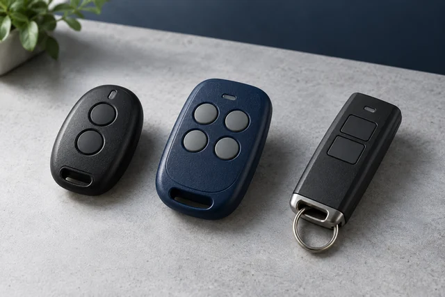 Illustration: Product illustration of three unbranded gate remotes on a gray worktop