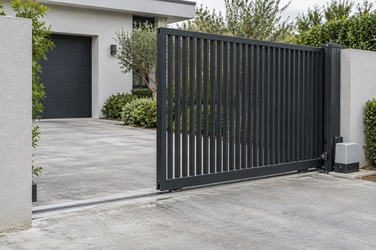 Illustration: A sliding gate and the driveway leading to it