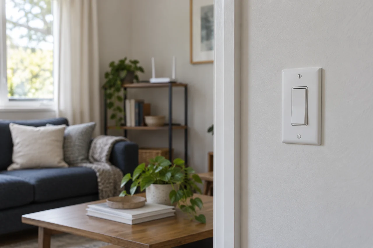 Illustration: A wall switch and an unbranded wireless router in an ordinary living room